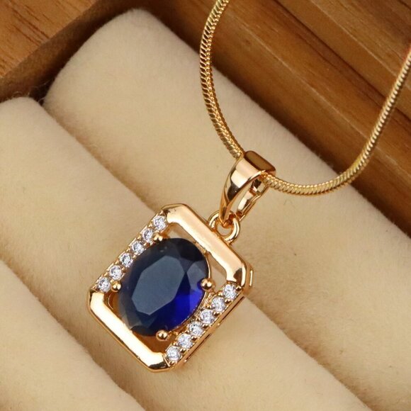 "Rose Gold Rectangle Pendant with Blue Stone and Crystal Accents, XPPT1276 - Picture 1 of 13